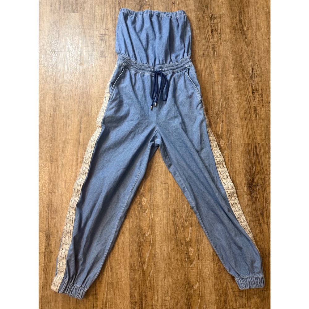 Pinko Tenera Tuta Denim Jumpsuit Blue Strapless Jogger Logo Tape Size S